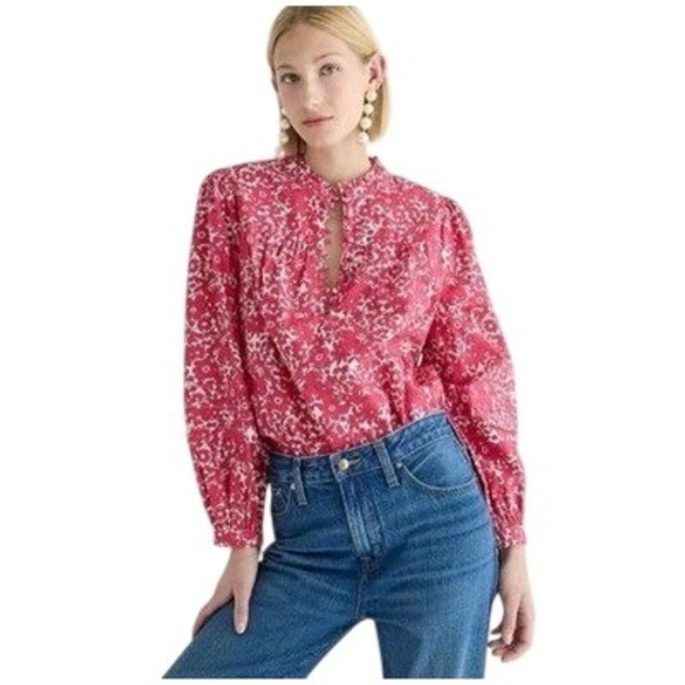 J.Crew Ruffleneck Popover Blouse Blushing Meadow Pink Floral BR065 XS - Picture 1 of 7